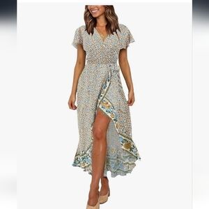 Womens Floral Wrap Summer Midi Dresses Maxi